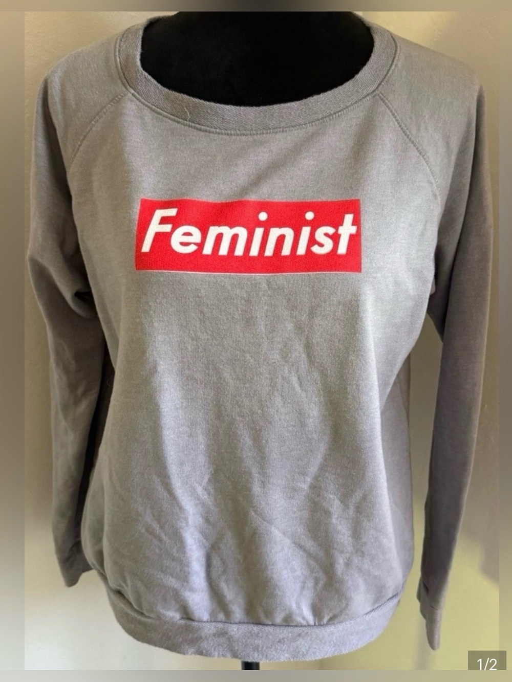 Women’s  Feminist Graphic Sweatshirt - Gray with Red Logo (Size S)